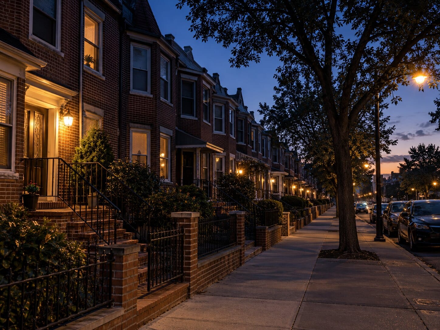 Quiet Queens rowhouse block illuminated during the early predawn hours