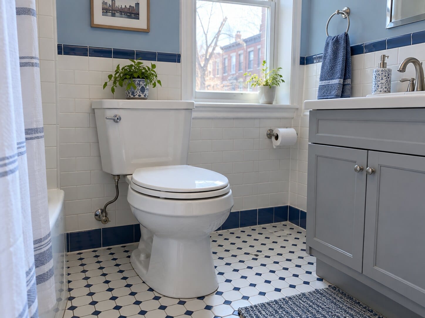 Toilet installed in a compact blue-and-white tiled Queens bathroom